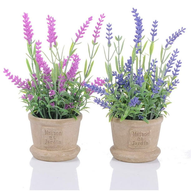 Fake Lavender Plants for Home Decor Okuna Outpost Artificial Potted Flowers 9 in, 2 Pack 